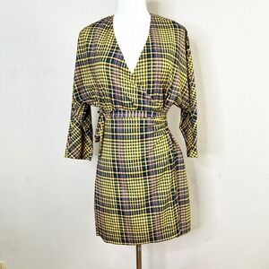 Lovers + Friends Yellow Plaid Wrap Mini Dress NWT Size Small 3/4 Sleeve V-Neck